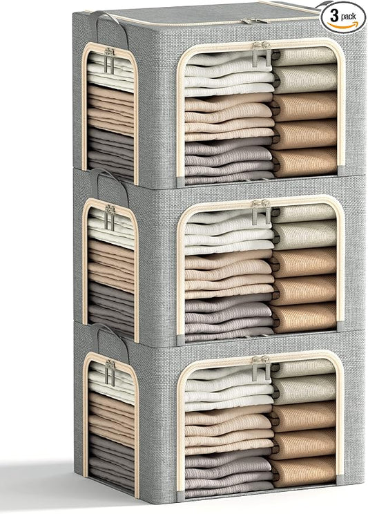 3 Openings Clothes Storage Bins with Metal Frame, Foldable Storage Bin for Clothes, Clothing Storage Bins with Lid, Linen Storage Box With Clear Window＆ Zippers＆ Durable Handles.(3 Pcs,Light Grey,40L)