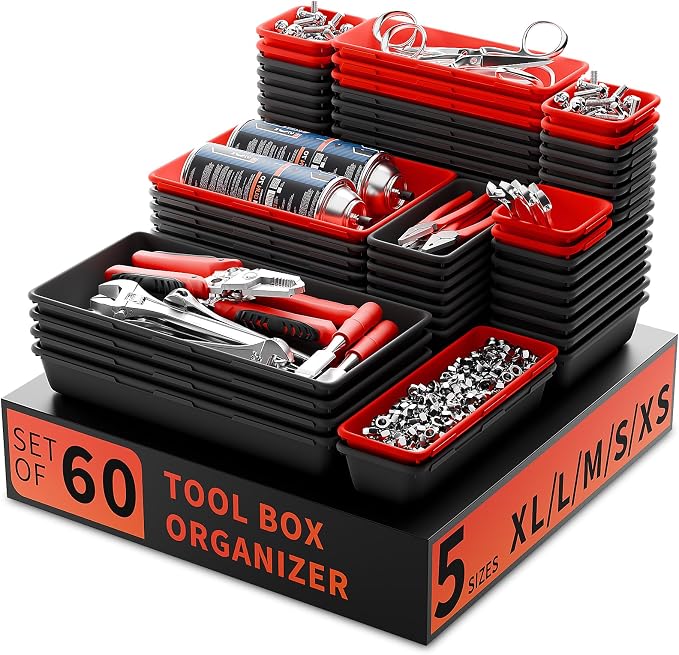 Tool Box Organizer Tray, 60 PCS & 5 Sizes, Black and Red | Heavy-Duty ABS Plastic, Interlocking Design Desk Drawer Organizer, Toolbox Organization Storage for Rolling Tool Chest