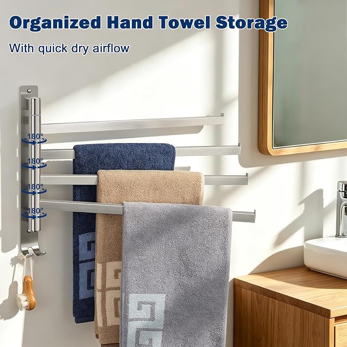 NearMoon Swivel Towel Rack, 13.8" Thicken 304 Stainless Steel 4-Arm Towel Bar, Space Saving Wall Mounted Towel Holder with Hook, Rustproof Swing Out Towel Hanger for Bathroom, Square (Brushed Nickel)