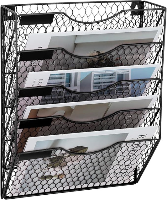 EASEPRES Mail Organizer Wall Mount, 5 Tier Metal Chicken Wire Hanging File Holder Office Storage and Organization
