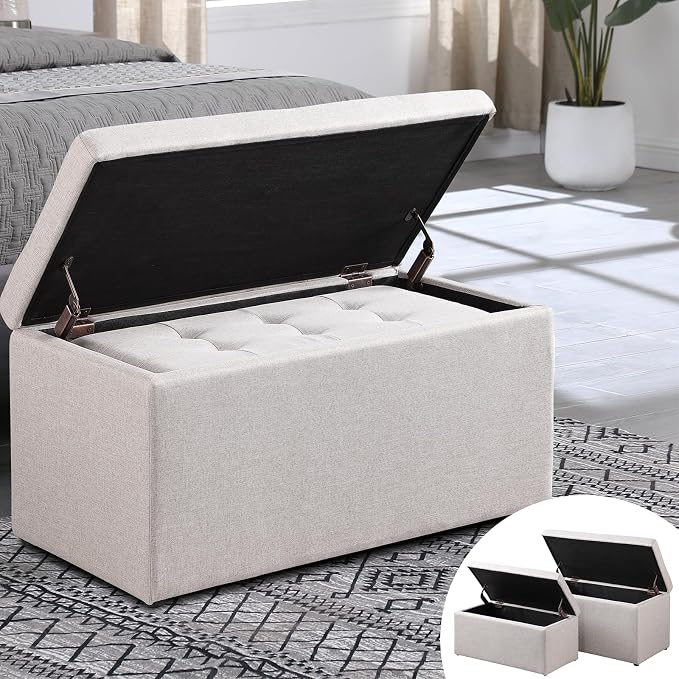 31.5'' Storage Ottomans Set of 2, Beige Tufted Fabric Bench Stool | 2.56" Thick Cushion, Sturdy for Adult Weight, Hinged Flip-top Safe Open, No Tools Assembly