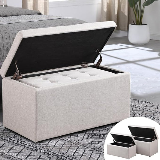 31.5'' Storage Ottomans Set of 2, Beige Tufted Fabric Bench Stool | 2.56" Thick Cushion, Sturdy for Adult Weight, Hinged Flip-top Safe Open, No Tools Assembly