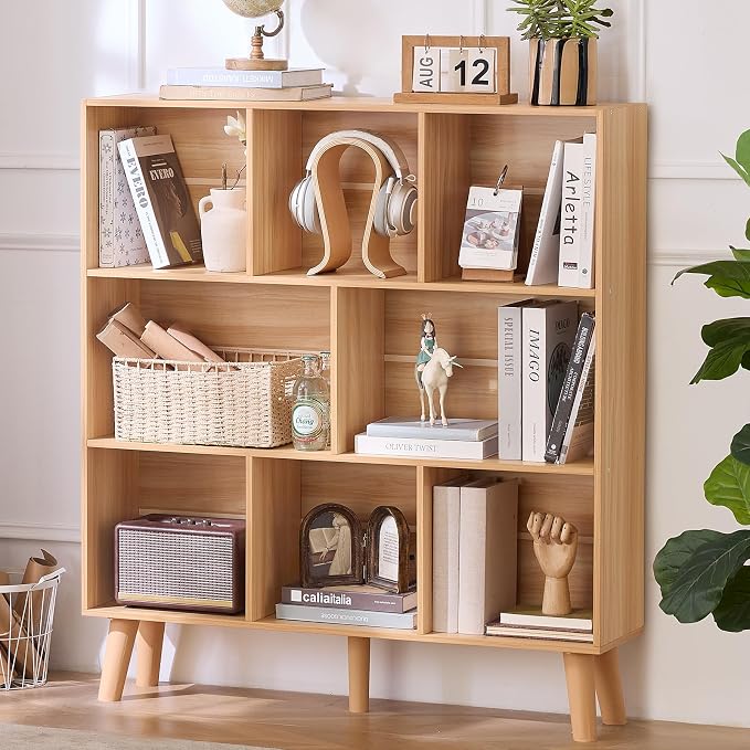 LEYAOYAO 8 Cube Bookshelf, Mid-Century Modern Book Shelf with Legs, Natural | 3 Tier Bookcase, Rustic Wood Bookshelves Freestanding Large Storage Organizer, Open Shelves for Bedroom, Living Room, Office