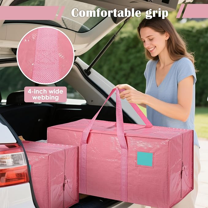 6 Pack Moving Bags with Full-Open Side Zipper, Extra Large 93L Heavy Duty Waterproof Foldable Storage Totes for College Dorm, Moving & Home Organization Pink