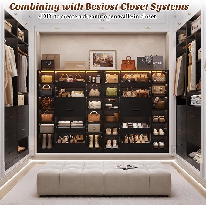 Besiost Shoe Cabinet with 12 Shelves & 5 Drawers, Wood Shoe Rack with Light | Holds Up to 30+ Pairs of Shoes, Vertical 40" W Shoe Storage Cabinet for Entryway, Hallway, Walk-In Closets, Black
