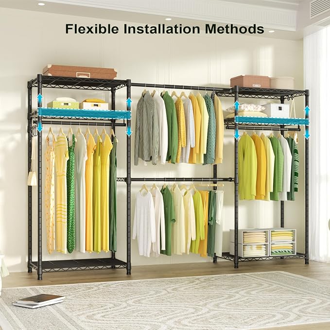 Ulif E1 Heavy Duty Closet Garment Rack, 6 Tiers Adjustable Metal Freestanding Expandable Clothing Storage with 4 Hanger Rods, Easy to Assemble Wardrobe Suit for 70 to 88.2" Space, 14"D x 71.4"H, Black