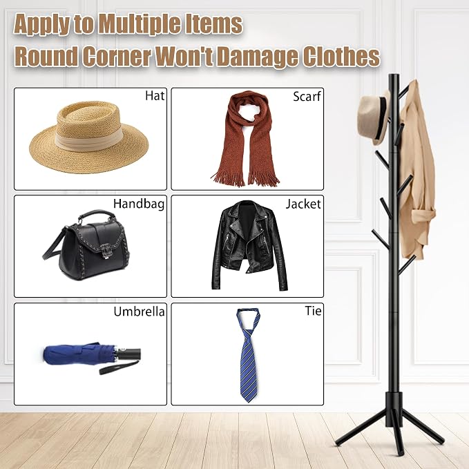 Aliphon Wooden Coat Rack Stand, Freestanding Coat Rack with 8 Hooks, 3 Adjustable Size Coat Tree for Hats, Coats, Scarves bags, Coat Hanger Stand Used in Bedroom/Office/Entryway,2 PCS (Black)