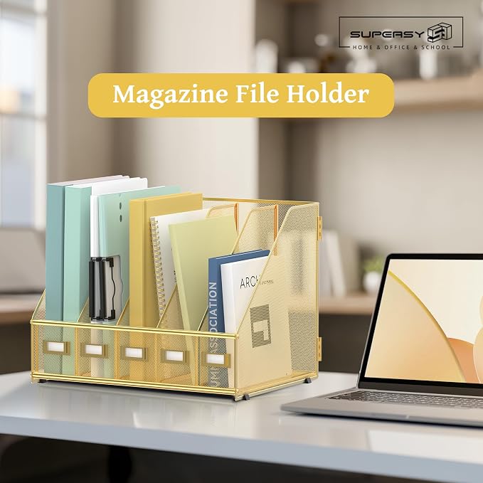 SUPEASY Desk Organizers Metal Desk Magazine File Holder with 5 Vertical Compartments Rack File Organizer for Office Desktop, Classroom, Home Workspace, Gold