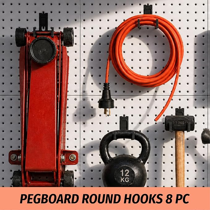 HUHOLE 8 Pack Double Arm Round Pegboard Hooks for 1/4 Inch Pegboard | Tool Holders with 30 lb Capacity, Vinyl Coated Steel Hangers for Garage, Workshop, Drills, Hammers and Cords