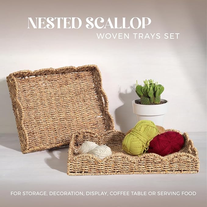 Scalloped Seagrass Tray, Hand-Woven Wicker Storage Baskets with Scalloped Edge and Handles (17x13x3 inch) Rectangular Handwoven Trays, Seagrass Basket for with Built-in Handles, 2 Pack