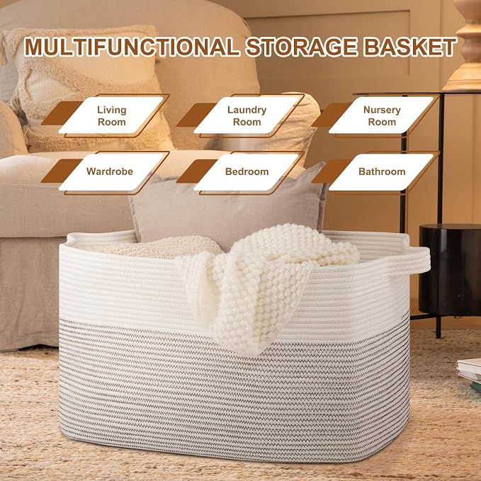 OIASKET Large Blanket Basket, Blanket Storage Living Room, Rectangle Woven Baskets for Storage Toys, Towels, Diry Clothes Organizer Bins (Black & White, 24"x16.9"x14.2")