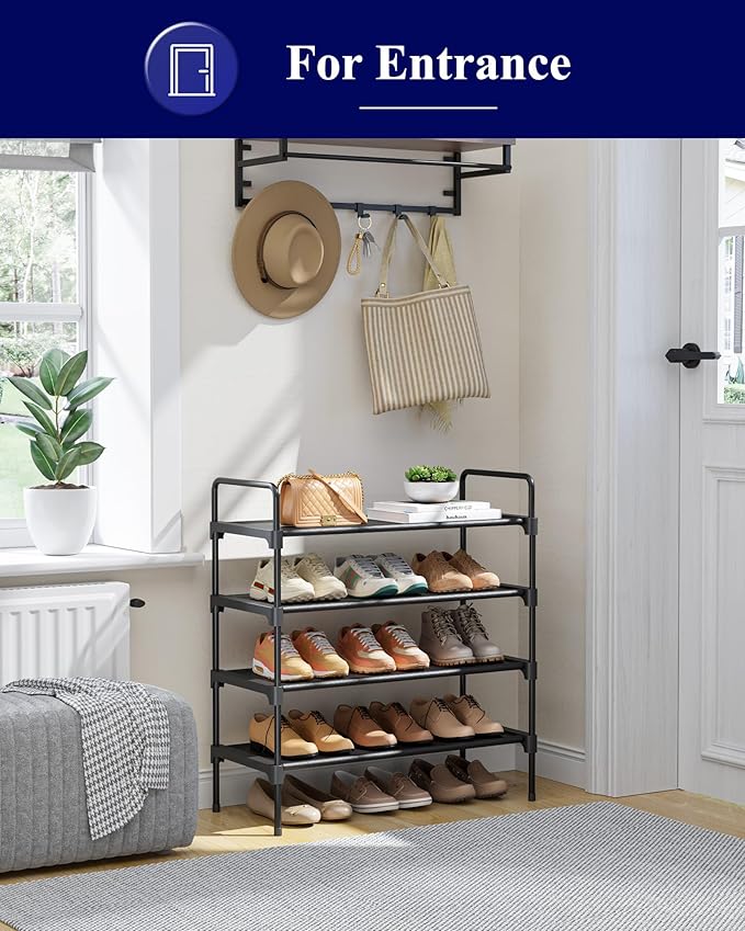 Kitsure Shoe Rack for Closet, 26.6" Wide - 4 Tiers, Black | Shoe Organizer for Front Door Entrance, Stackable Shoe Shelf, Closet Organizers and Storage