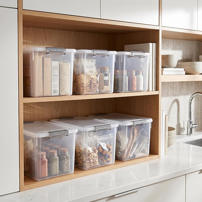 Citylife 32 QT Plastic Storage Bins with Latching Lids Stackable Storage Containers for Organizing Large Clear Storage Box for Garage, Closet, Kitchen, 8 Packs
