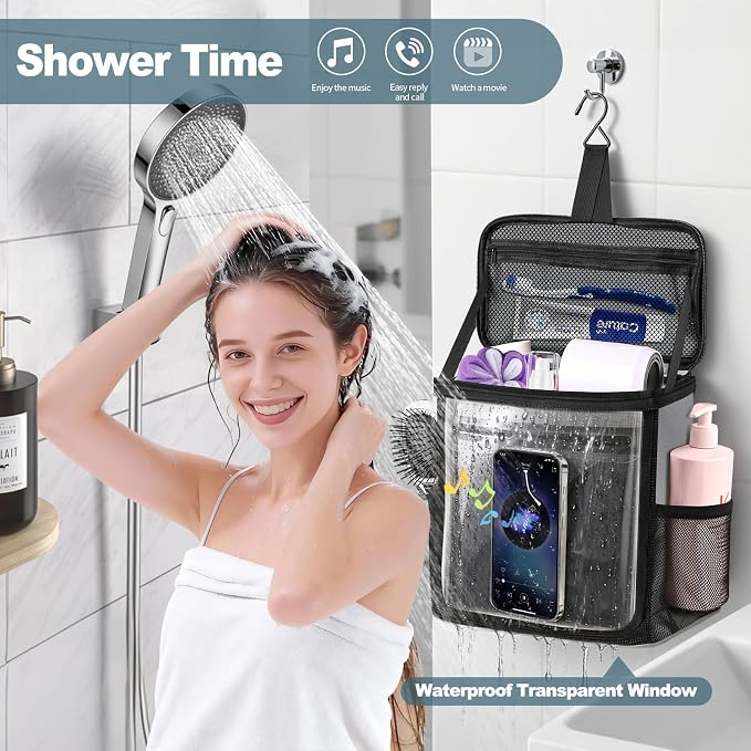 Portable Hanging Shower Caddy, Large Capacity Travel Toiletry Bag for Men & Women, Bath Organizer with Hook & Waterproof Phone Compartment, for Gym, Travel, Dorm, Picnic, Bathroom(Grey)