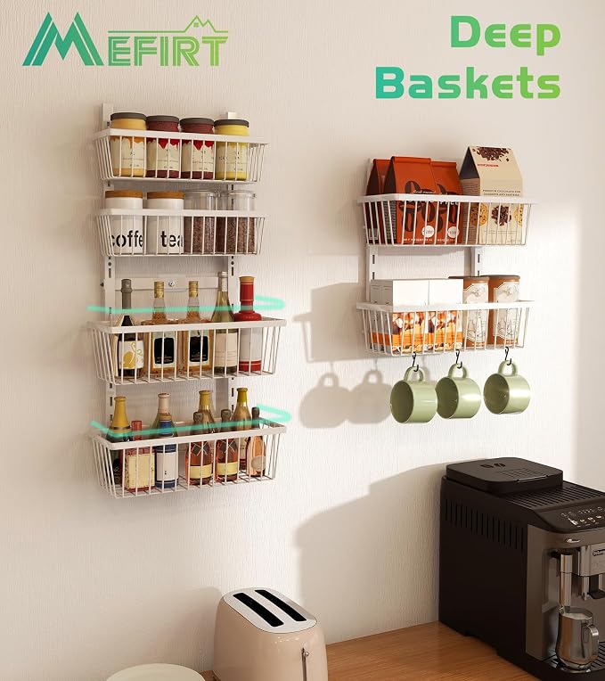 Mefirt 12 Inch Wide Narrow Over The Door Pantry Organizer 6-Tier White | Pantry Hanging Organizers and Storage, Adjustable Heavy-Duty Metal for Home & Kitchen, Back of Door Seasoning Rack