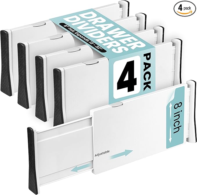 RAPTUROUS Adjustable Drawer Dividers, 8" Tall, Expandable 13.35-22", 4-Pack, Non-Slip for Deep Drawers in Kitchen, Bedroom, and Closet (White)