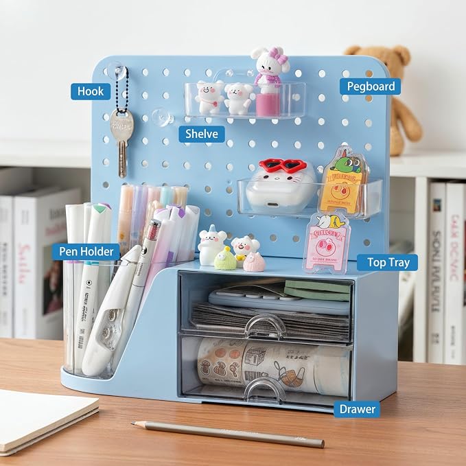 Comix Desk Organizer with 2 Drawer, Blue 360° Rotating Pen Holder for Desk | Desk Organizers and Accessories with 5 Slots Pencil Holder+Pegboard+Drawer, Pen Organizer for Home School Art Office Supplies