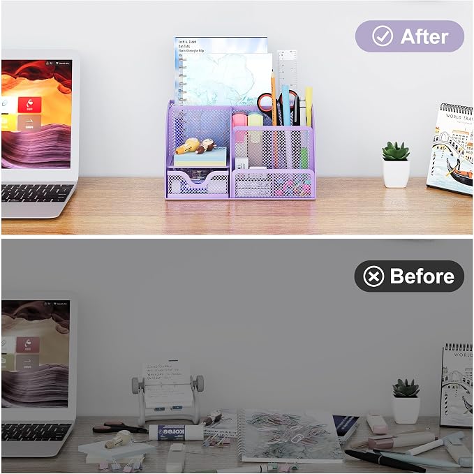 EasyPAG Mesh Desk Organizer with Drawer Multi-functional Pen Holder Stationery Organizer for Office School Supplies 6 Compartments Dorm Organizers and Storage for Desk, Light Purple