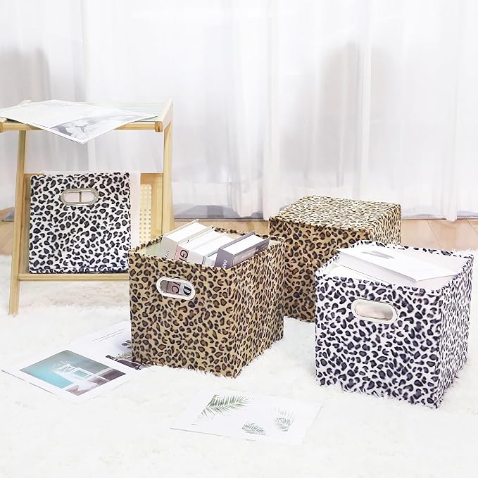 ANMINY Leopard Cheetah Print Storage Cubes Bins, Velvet, Gray, 13Inch 8PCS | Collapsible & Washable, PP Board Frame, Built-in Metal Handles, Animal Themed Fabric Cubes Baskets for Closet Shelves Decor