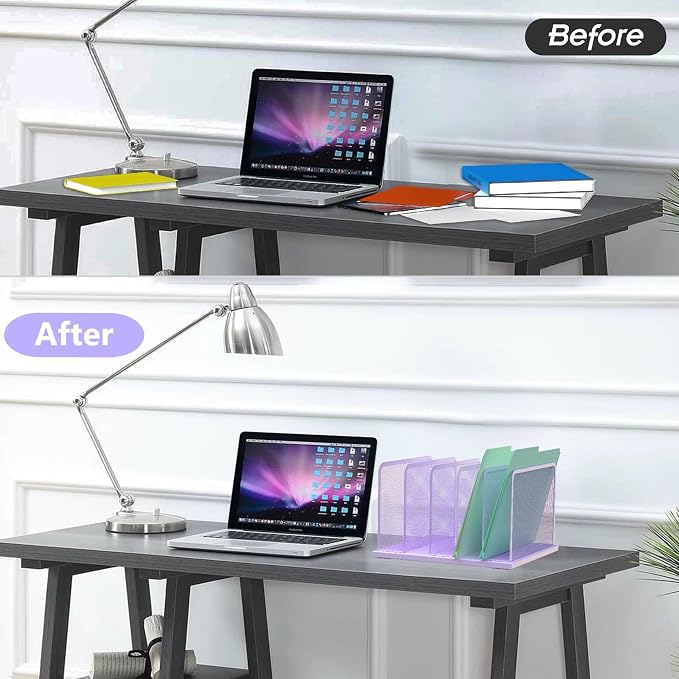 Kuntine.B 5-Section Upright Desk File Organizer Purple 1 Pack | Vertical, Mesh, Metal, Assembly, Stability, Sturdiness, Organization, Standing