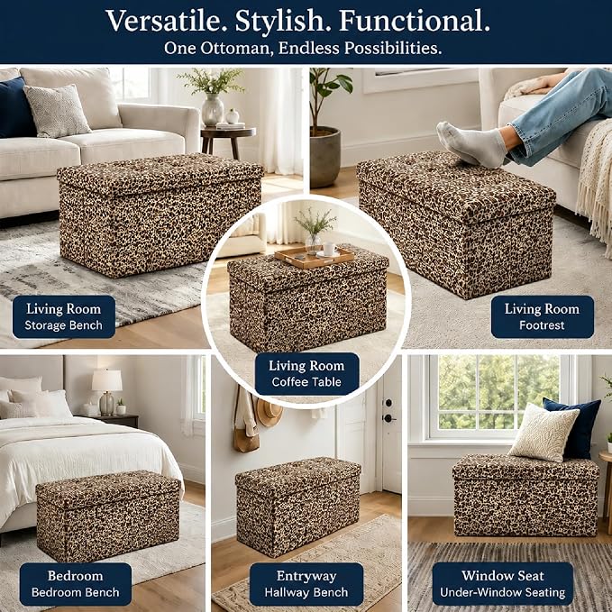 ALASDO 30 Inch Folding Storage Ottoman Bench with Hidden Storage, PU Leather Ottoman Foot Rest Stool, End of Bed Bench for Bedroom, Living Room, Entryway and Closet, Leopard Print