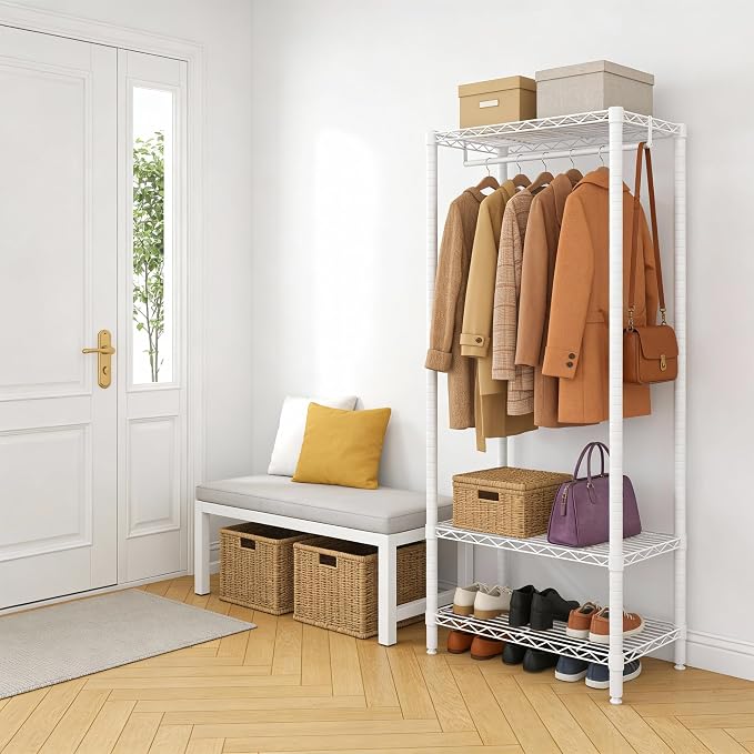 Heavy Duty Garment Rack Clothes Rack for Hanging Clothes Wardrobe Closet with 3 Adjustable Shelves & 1 Hanging Rod 23.62" L*15.75" W*70.87'' H White