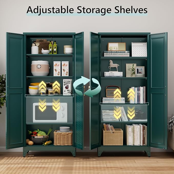 75" Tall Green Metal Storage Cabinet with Doors, Heavy Duty | Freestanding Steel Kitchen Pantry Cabinet, 4 Adjustable Shelves (180 Lbs Load), Tall Cabinets for Home, Office and Garage