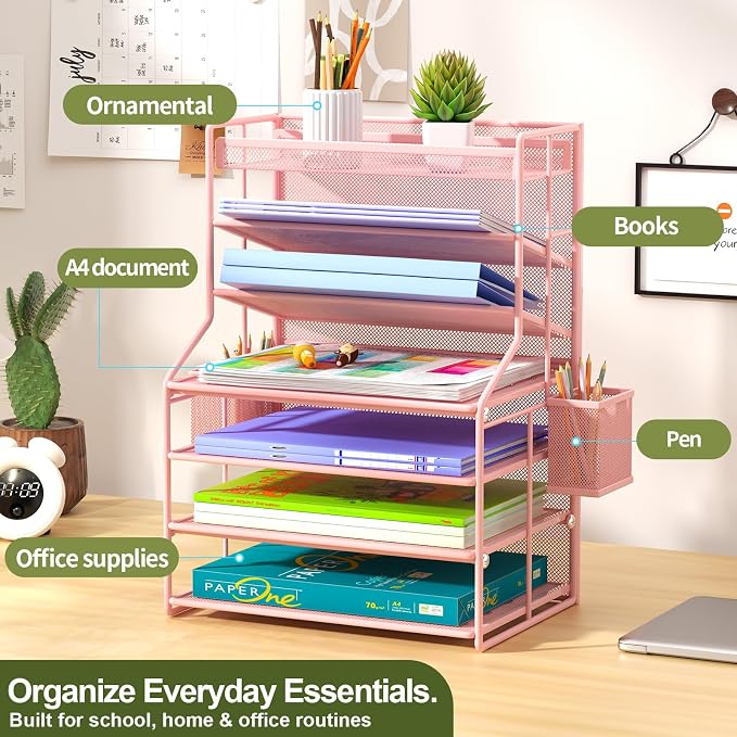 Pink 7 Tier Desk File Organizer, Metal Letter Tray Paper Organizer with Pull-Out Drawer, Removable Pen Holder & Hanging Basket, Vertical Desktop File Holder for Home Office, Classroom