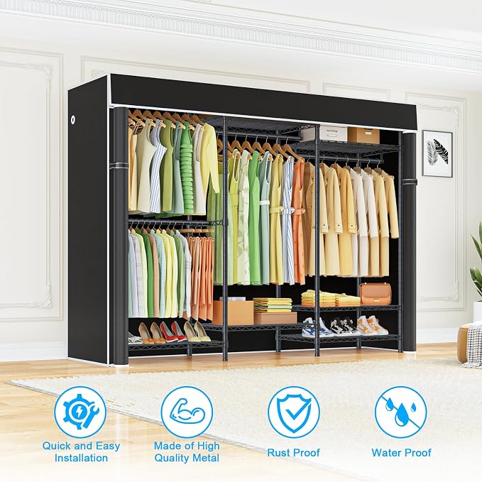 E13C Heavy Duty Closet Organizer System，Freestanding Clothing Racks for Hanging Clothes，Adjustable Garment Rack 63" W x 16" D x 77" H Hold 960 lbs，Black Clothing Rack with Black Dustproof Cover