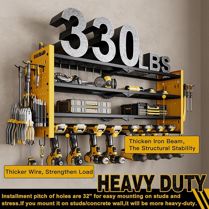 NattyDot Power Tool Drill Holder Wall Mount, 4Tier Garage Organizer, Yellow | 4-tier Utility Rack Stores 8 Cordless Drills, Batteries and Accessories while Freeing Extra Garage Wall Storage Space