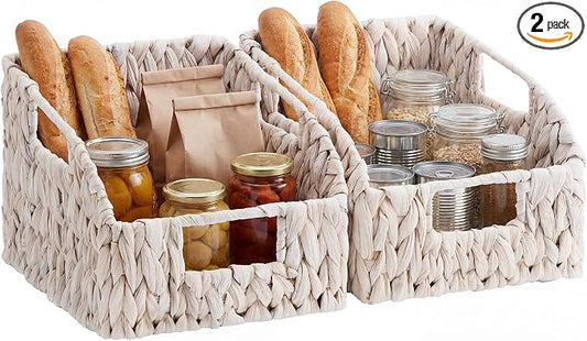 StorageWorks Pantry Baskets for Organizing, Wicker Baskets with Handles, Woven Baskets for Pantry Storage, Water Hyacinth Storage Basket for Shelves, White, 2-Pack