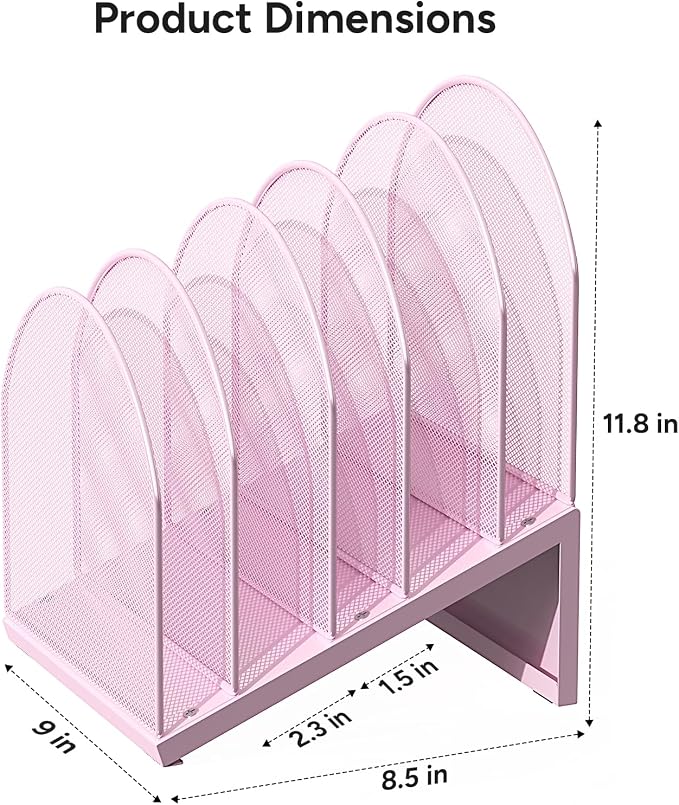 5-Section Desk File Organizer | Metal Mesh Folder Organizer for Documents, Mail & Office Papers (Pink)