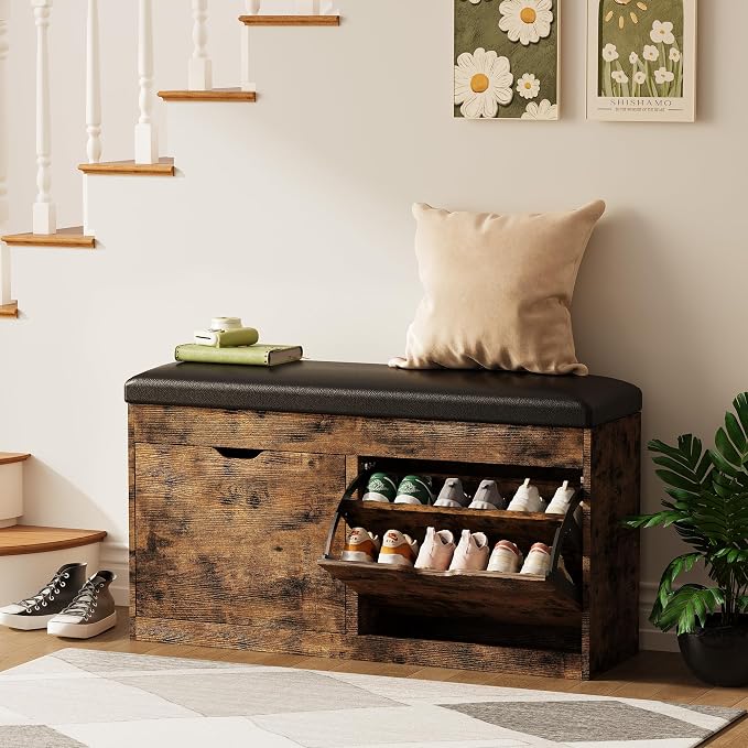 40" Shoe Storage Bench with 2 Flip Drawers & Padded Seat Cushion, Shoe Cabinet with Lift Top Storage Box, Shoe Bench Shoe Organizer for Entryway, Hallway, Living Room, Vintage Brown