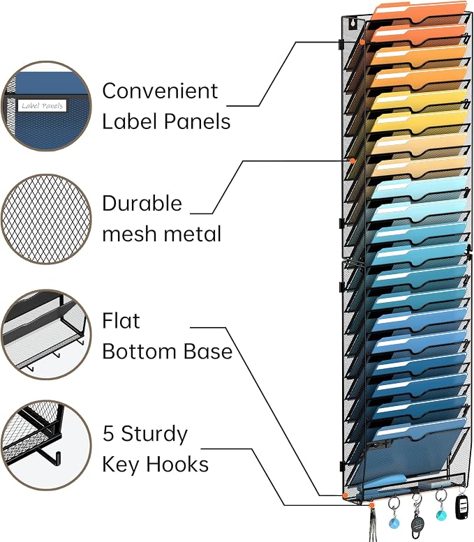 21-Tier Hanging Wall File Organizer with Hooks for Office Organization | Mesh Wall File Holder, Mail Organizer Wall Mounted for Papers, Documents, Folders and Magazines in Home Office, Classroom