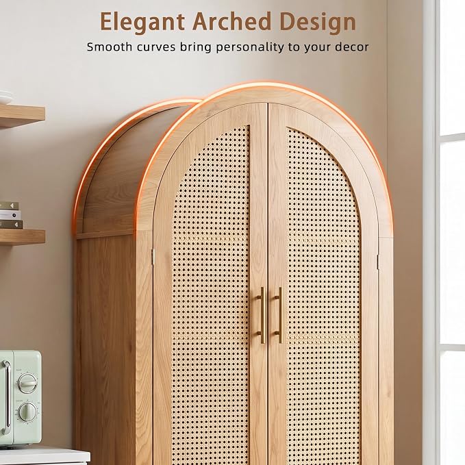 Merax 71" Arched Bookcase,Tall Pantry Storage Cabinet with Shelf Doors | Farmhouse Bookshelf with Rattan Doors Built-in Racks for Home Office,Kitchen,Dining Room,Oak