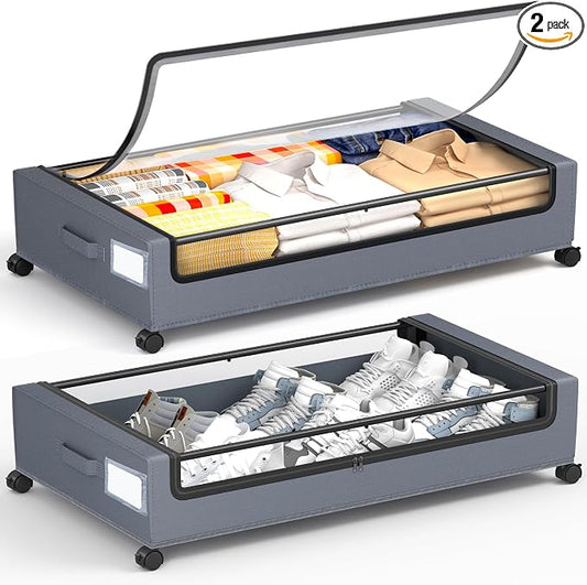 Under Bed Storage With Wheels, 2 Pack Square Containers, 60L Bins, Rolling Metal Drawer for Clothes, Blankets, Shoes