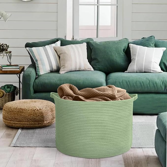 Extra Large Green Basket, 22" X 22" X 14" Woven Cotton Rope Baskets for Blankets, Nursery Laundry Basket, Cute Kids Toy Storage Bin, Green Living Room Bedroom Decor Baskets for Organizing