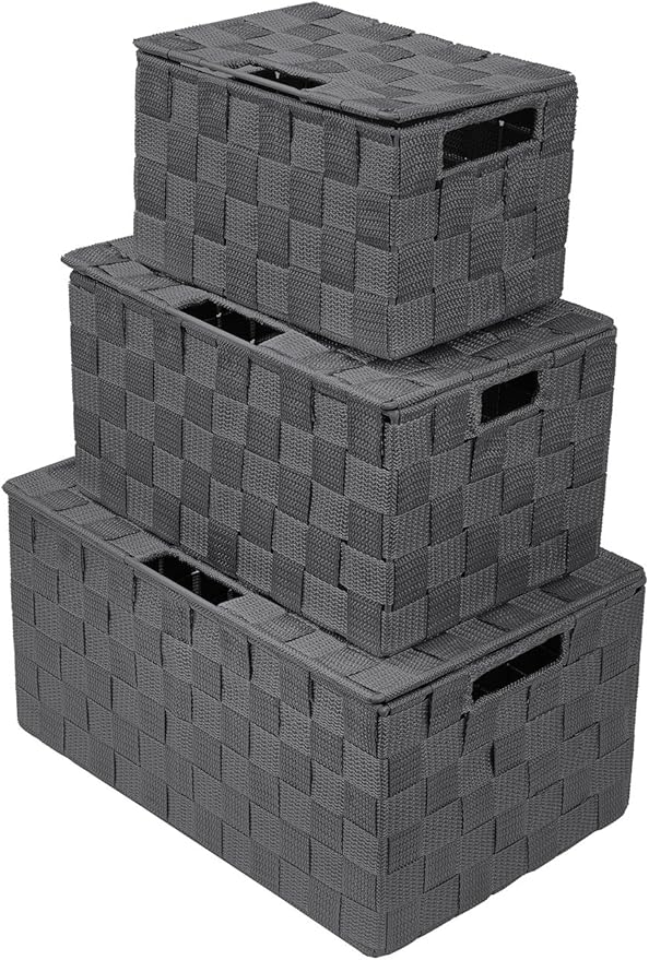 Sorbus Set of 3 Hand-Woven Storage Baskets with Lids – Mesh Organizers for Linen Closet, Shelves, or Home Storage – Variety Pack (Gray)