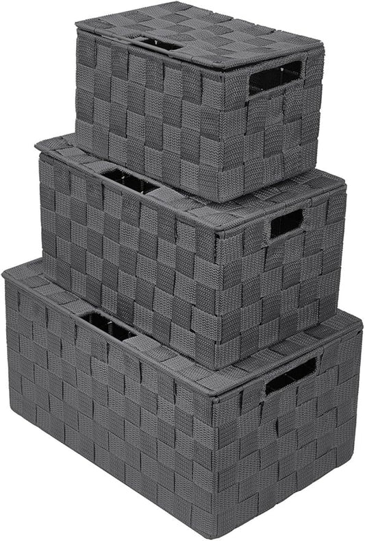 Sorbus Set of 3 Hand-Woven Storage Baskets with Lids – Mesh Organizers for Linen Closet, Shelves, or Home Storage – Variety Pack (Gray)
