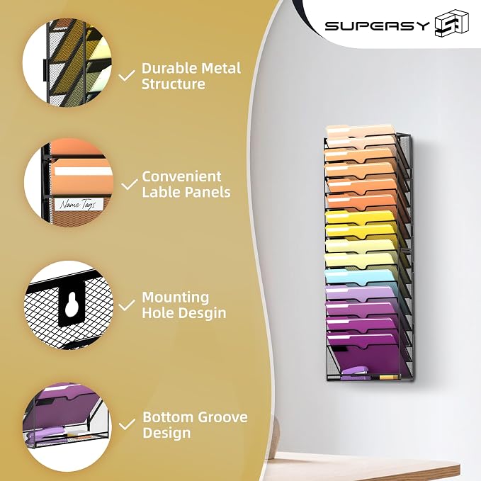 SUPEASY 16-Tier Hanging Wall File Holder Organizer for Papers, Folders, Files Clipboard & Magazine Organization Great for Office Home, Assembly Needed, Black | Paper, Folder, Magazine Rack Great for Office Home School, Assembly Needed, Black