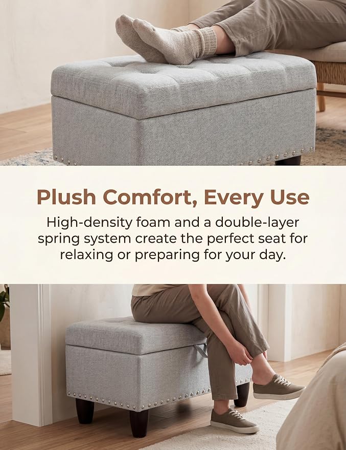 Ottoman with Storage, 28.5 inch Liner Storage Ottoman with Padded Seat, Large Entryway Bench with Solid Wood Frame, Upholstered Sturdy Foot Rest for Living Room, Bedroom, Entryway, Gray White