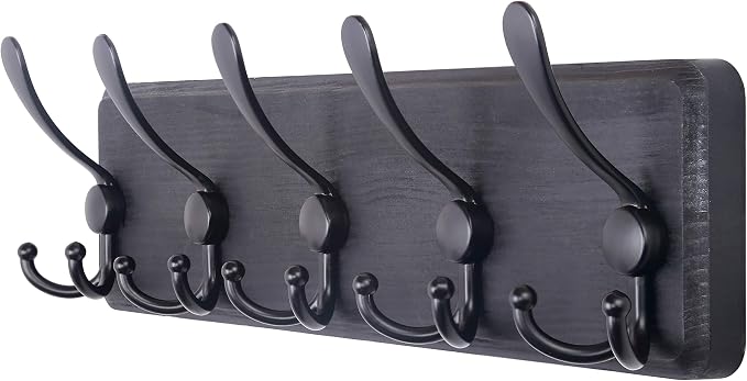 SKOLOO Rustic Wall Mounted Coat Rack: 16" Stud Spacing, Pine Real Wood Plank Wall Coat Rack with 5 Triple Hooks, Farmhouse Coat Hanger Wall Mount for Hanging Backpack Jacket Coat Hat