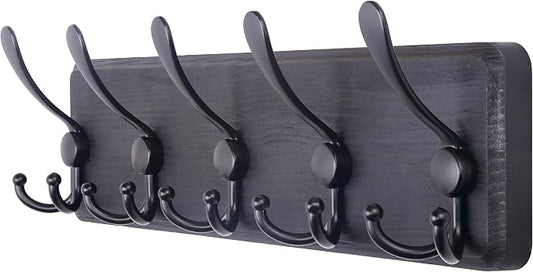 SKOLOO Rustic Wall Mounted Coat Rack: 16" Stud Spacing, Pine Real Wood Plank Wall Coat Rack with 5 Triple Hooks, Farmhouse Coat Hanger Wall Mount for Hanging Backpack Jacket Coat Hat
