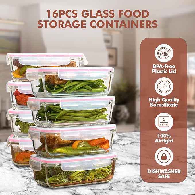 Razab 16 Pc (Set of 8) 30 Oz Glass Meal Prep Containers with Lids, Airtight Large Glass Food Storage Containers, Reusable Leak Proof BPA Free, Freezer to Oven and Dishwasher Safe
