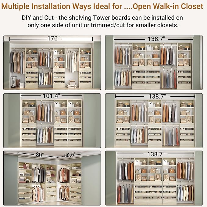 Aheaplus Closet System Set of 3, 138.5" Wood Closet Organizer System Tower with 12 Drawers & 4 Hanging Rods, 6.7+4.85Ft L Shaped Walk-in Closets Wardrobe Organizer Garment Rack with Shelf, White Oak3