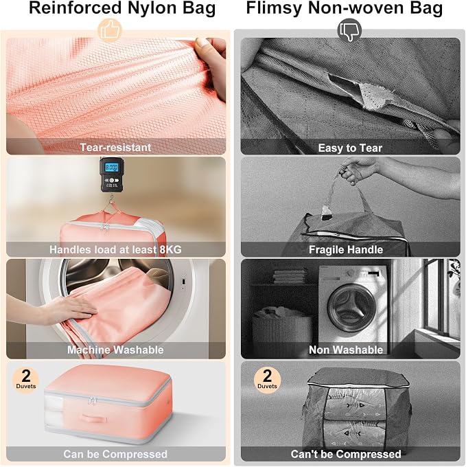 Comforter Storage Bag - Large Capacity Blanket Storage Bags 3-Layer Ultra Space Saving Self Compression Organizer, Washable Compression Bags for Storage Comforter Blanket, 2-Pack, Pink