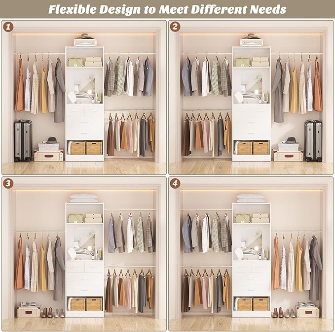 Unikito 8FT Closet System with Mirror and 3 Extendable Hanging Rods, White | 48" - 96" Walk in Closet Organizer with 4 Drawers and 25” Tower, Sturdy Wood Closet Insert, Adjustable Width, Heavy Duty