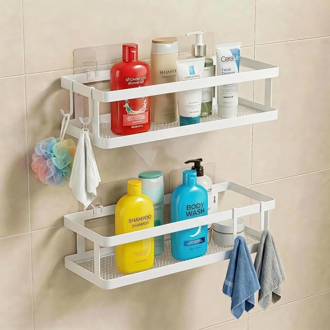 PUSDON 2-Pack Minimalist Shower Caddy Wall Mount, Open Frame Bathroom Shelf Organizer with Mesh Base, Rustproof Floating Spice Rack for Kitchen, Holds 50 LBS, 4 Hooks - White, Guardrail