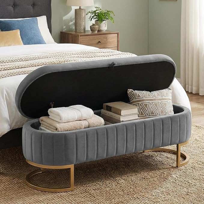 65" Velvet Storage Ottoman Bench End of Bed for Bedroom Entryway Light Grey