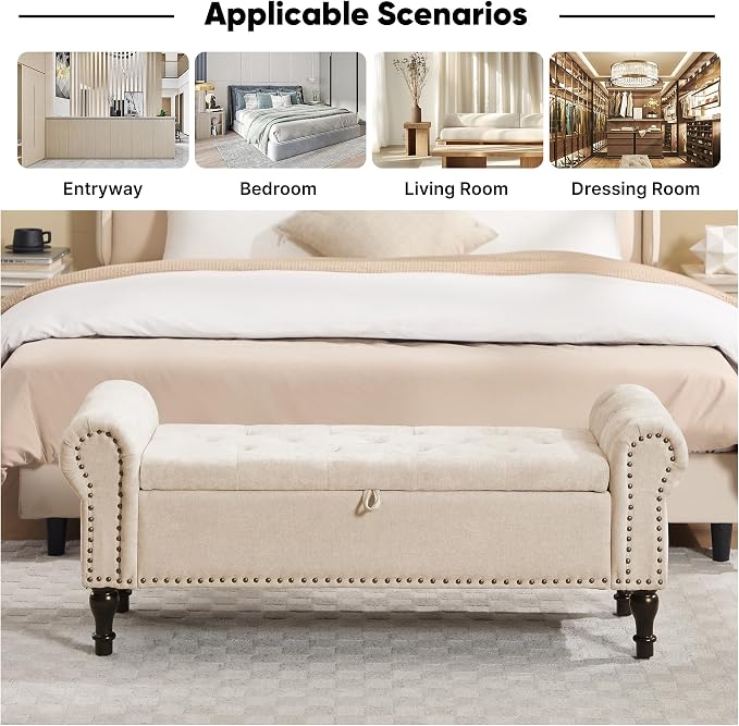 51" Storage Bench for Bedroom, Chenille End of Bed Bench, Queen Size Bench with Rolled Arms, Tufted Storage Ottoman Benches, Upholstered Bench for Bedroom, Living Room, Entryway, Camel